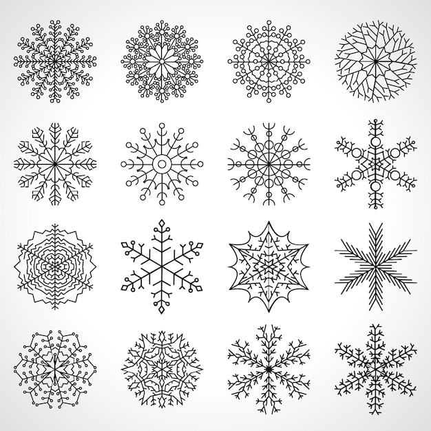 Conjunto de dieciséis copos de nieve. Elementos de decoración de Navidad y año nuevo. Ilustración vectorial.