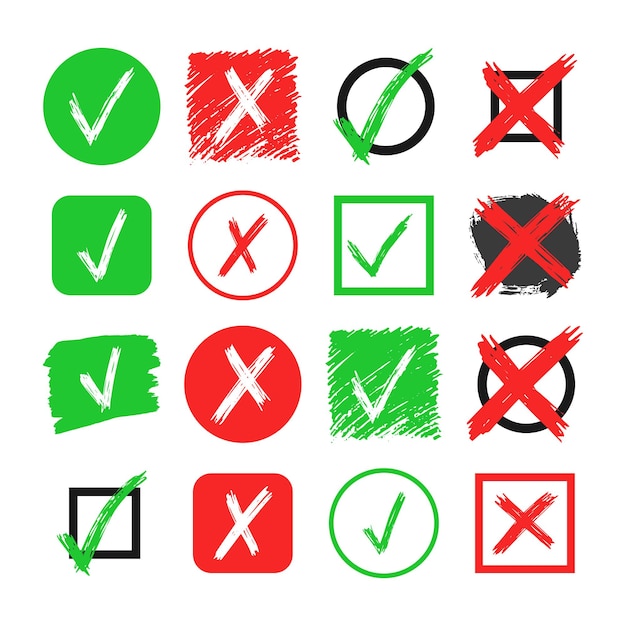 Conjunto de dieciséis elementos de signo de verificación y cruz dibujados a mano aislados sobre fondo blanco. Grunge doodle marca de verificación verde OK y X roja en diferentes iconos. Ilustración vectorial