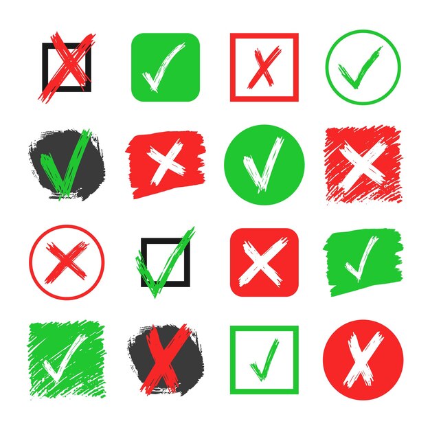 Conjunto de dieciséis elementos de verificación y signo de cruz dibujados a mano aislados sobre fondo blanco marca de verificación verde de garabato grunge ok y x roja en diferentes iconos ilustración vectorial