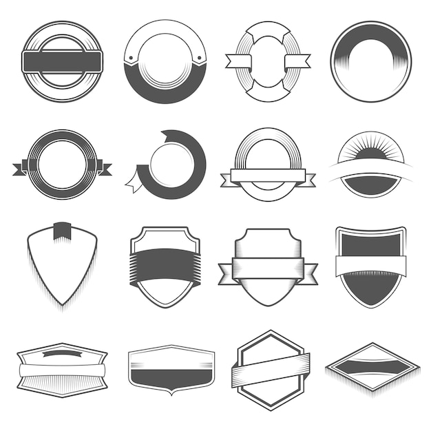 Conjunto de dieciséis insignias, logotipos, bordes, cintas, emblema, sello y objetos. Estilo monocromo