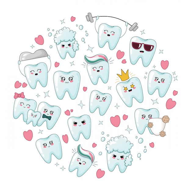 Conjunto de dientes de dibujos animados sanos kawaii con emodji