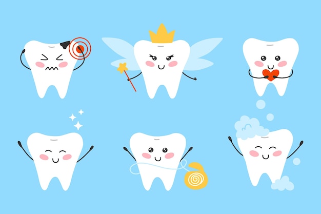 Conjunto de dientes en estilo kawaii Colección de dientes de personajes Ilustración vectorial Estilo de dibujos animados planos Diente vena dolor de muelas diente limpio hilo dental