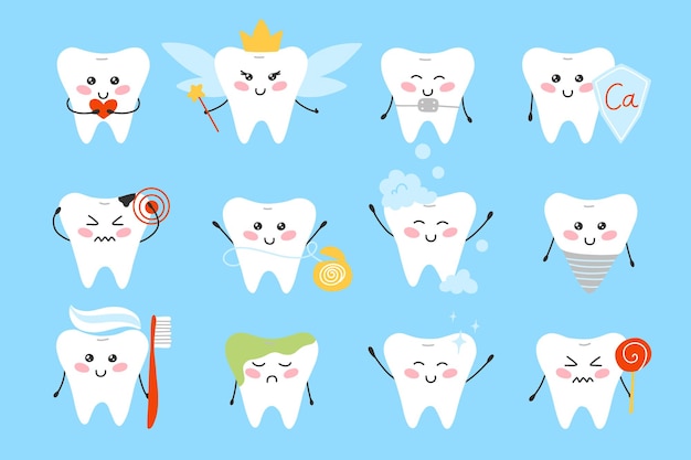 Conjunto de dientes en estilo kawaii Colección de dientes de personajes Ilustración vectorial Estilo de dibujos animados planos Diente vena dolor de muelas diente limpio hilo dental