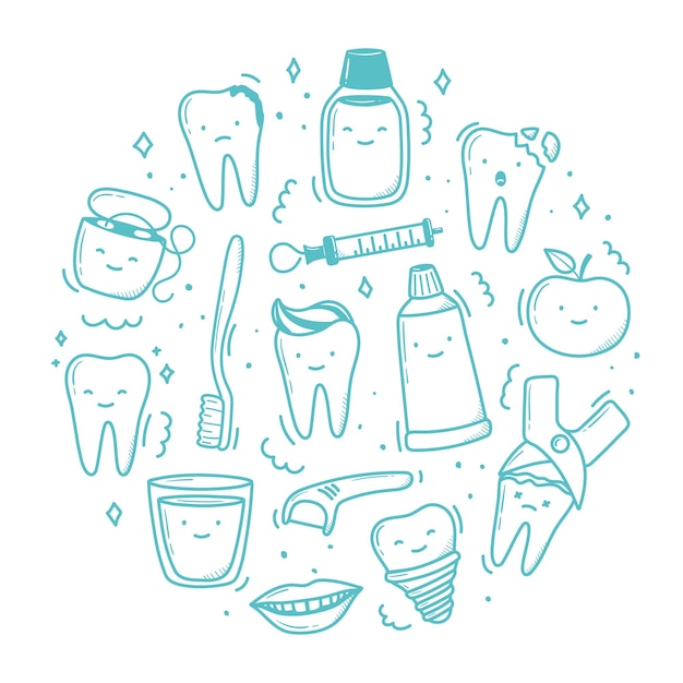 Conjunto de dientes kawaii dibujados a mano en estilo garabato lindas ilustraciones lineales simples