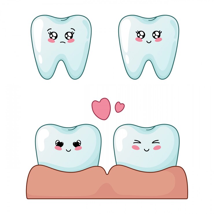 Vector conjunto de dientes kawaii con emodji, personajes de dibujos animados