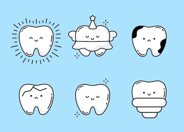 Conjunto de dientes lindos Kawaii Diente de carácter infantil Dentista infantil Concepto de ortodoncia