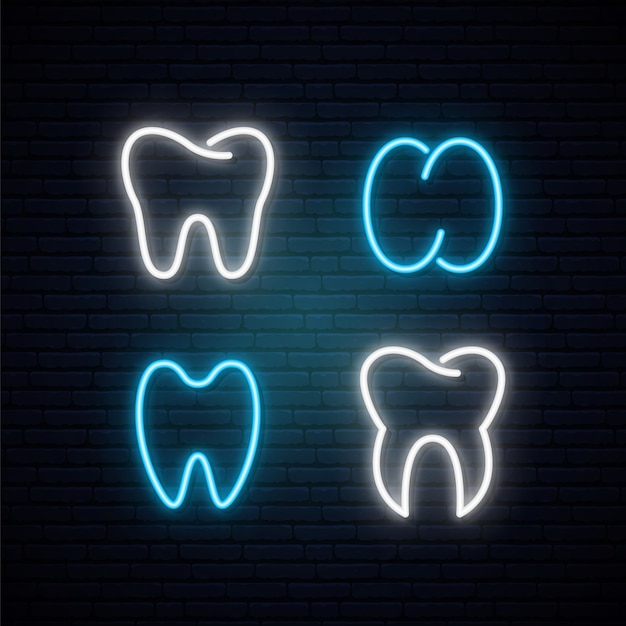 Conjunto de dientes de neón blanco y azul brillante