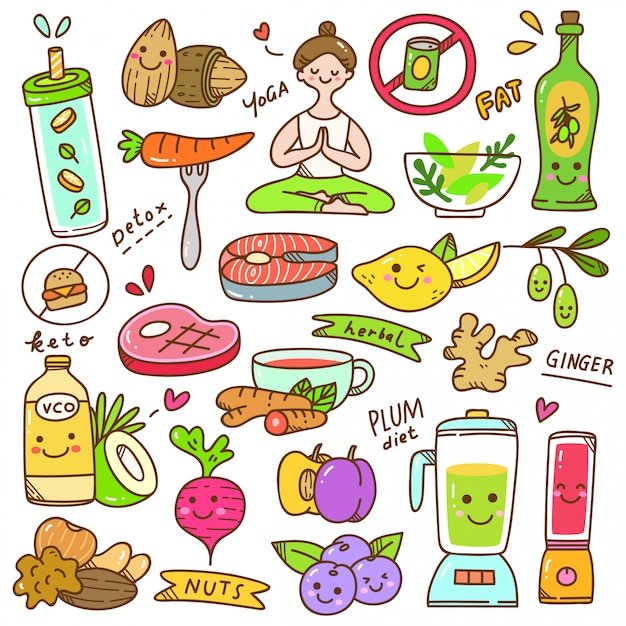 Conjunto de dieta kawaii doodle