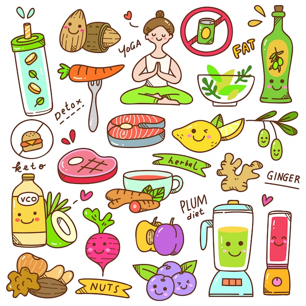 Vector conjunto de dieta kawaii doodle