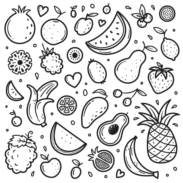 Vector conjunto, de, diferente, garabato, fruta, elementos, vector, ilustración