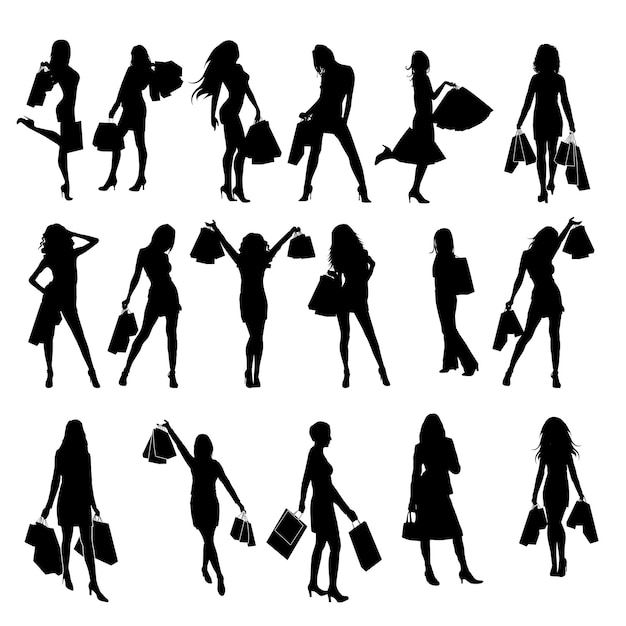conjunto, de, diferente, mujeres, compras, silueta, vector, ilustración