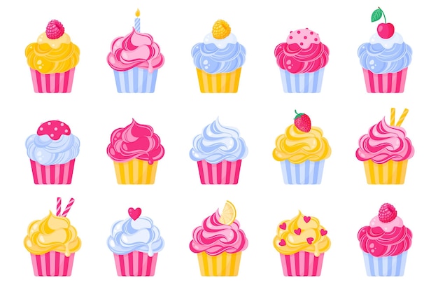 Conjunto de diferente tipo y color de cupcakes o muffins con crema.