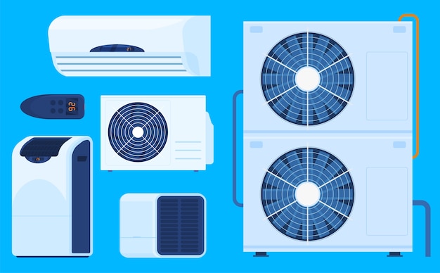 Vector conjunto de diferentes acondicionadores de aire ilustrados.