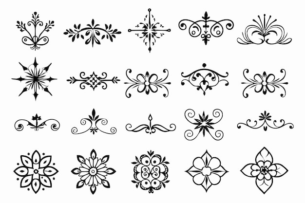 Conjunto de diferentes adornos arte de línea fronteras adornos florales vector fondo blanco