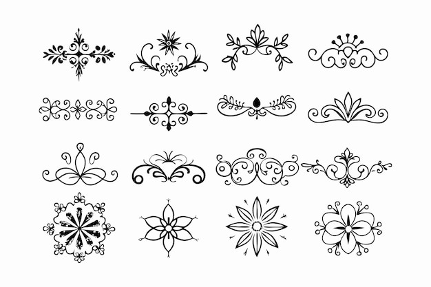 Conjunto de diferentes adornos arte de línea fronteras adornos florales vector fondo blanco