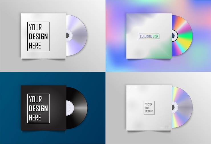 Vector conjunto de diferentes álbumes de discos compactos cddvd y plantilla de caja de papel vacía con sombra en el fondo