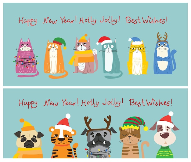 Conjunto de diferentes animales y símbolo navideño del año.