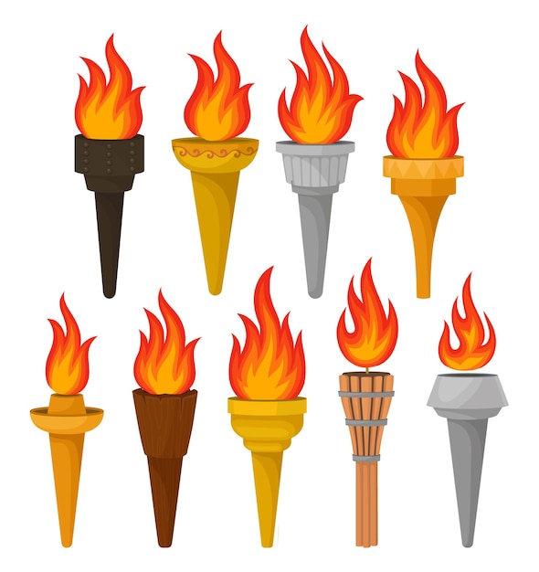 Conjunto de diferentes antorchas con fuego brillantemente ardiente Llama caliente o naranja Elementos gráficos para juegos móviles o carteles publicitarios de eventos Ilustración vectorial plana colorida aislada en blanco
