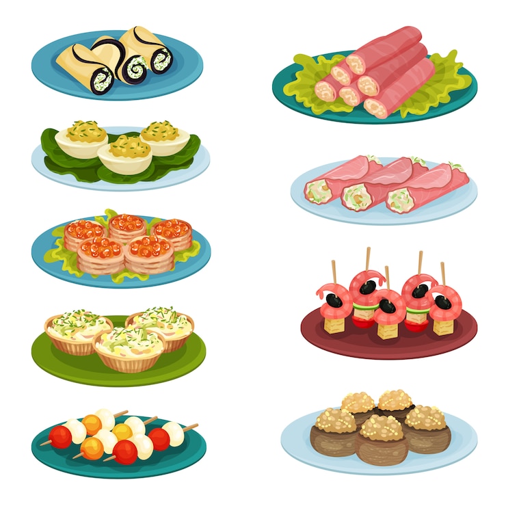 Vector conjunto de diferentes aperitivos. deliciosa comida para banquetes de vacaciones. elementos para cafe o restaurante menu