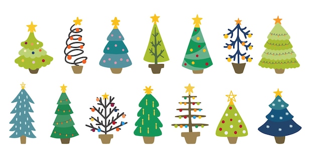 Conjunto de diferentes árboles de navidad decorativos. elementos vectoriales para el diseño de navidad y año nuevo. ilustraciones dibujadas a mano en un estilo infantil sencillo.