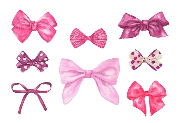 Conjunto de diferentes arcos de regalo rosa decorativos. Ilustración de acuarela.