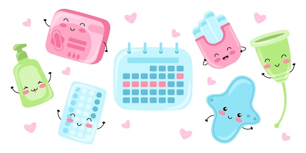 Conjunto de diferentes artículos de higiene íntima para mujeres durante el período menstrual.