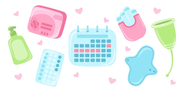 Conjunto de diferentes artículos de higiene íntima para mujeres durante el período menstrual