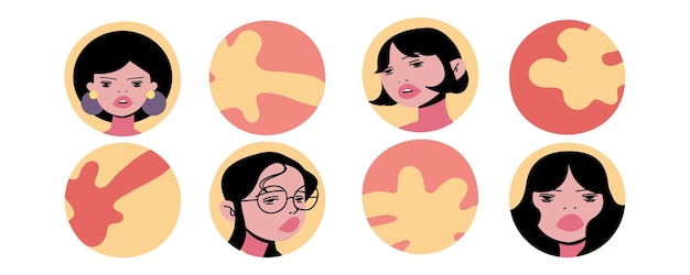 Conjunto de diferentes aspectos destacados de patrones abstractos retratos de chicas lindas jóvenes un icono redondo para una historia de redes sociales plantilla de diseño dibujada a mano ilustración plana vectorial