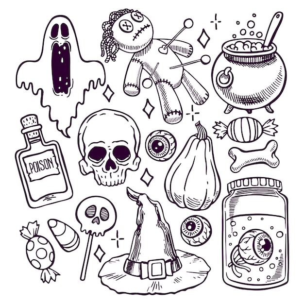 Conjunto de diferentes atributos de Halloween. ilustración dibujada a mano