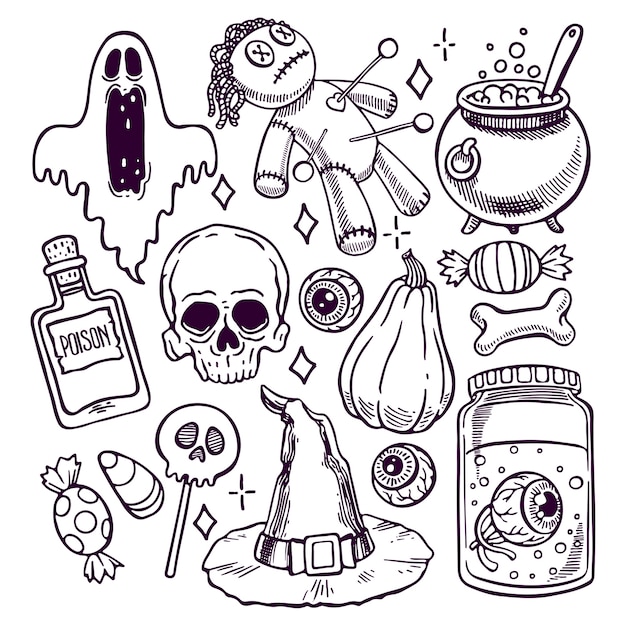 Conjunto de diferentes atributos de halloween. ilustración dibujada a mano