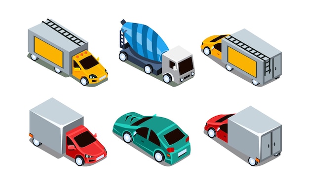 Conjunto de diferentes automóviles isométricos Camiones de carga de automóviles de pasajeros y máquina mezcladora de concreto Tema de transporte Iconos en estilo 3D moderno Ilustraciones vectoriales coloridas aisladas en fondo blanco