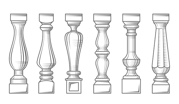 Un conjunto de diferentes balaustres de grabado clásico.