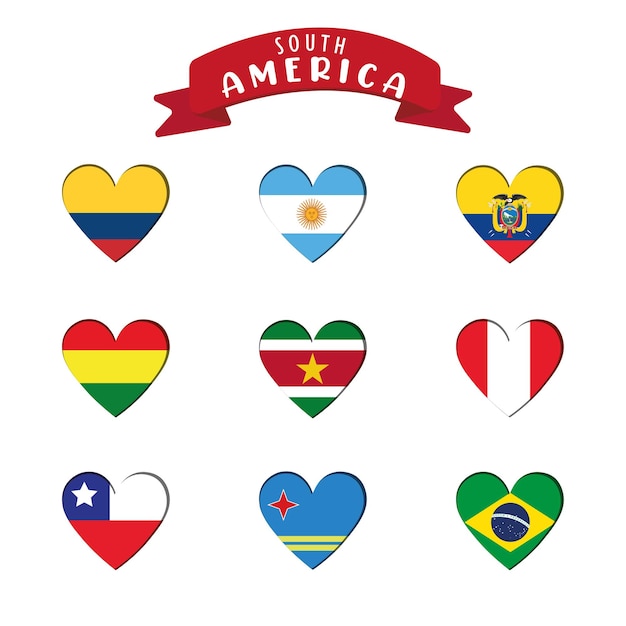 Conjunto de diferentes banderas de América del Sur en forma de corazón Vector