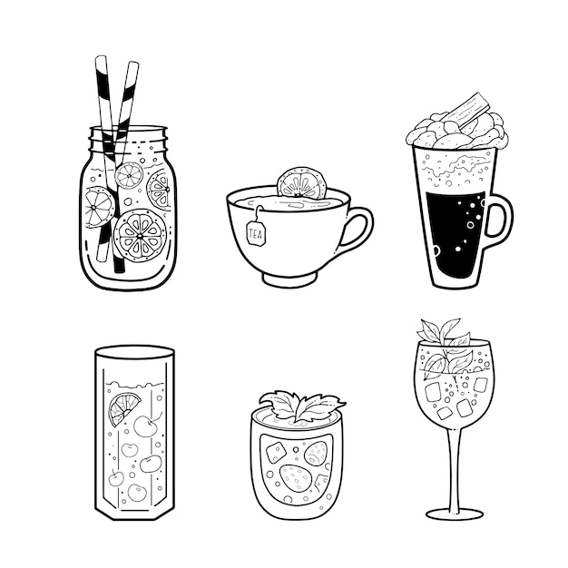 Conjunto de diferentes bebidas: té, café, bebidas. Dibujo de esquema.