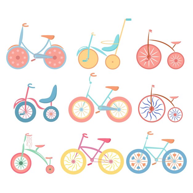 Vector conjunto de diferentes bicicletas modernas y vintage dibujadas colores pastel impresión de ilustración de doodle