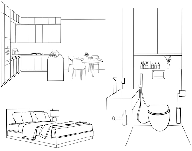 Conjunto de diferentes bocetos interiores dibujados a mano baño dormitorio lugar de trabajo cocina