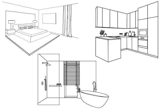 Vector conjunto de diferentes bocetos interiores dibujados a mano dormitorio baño cocina