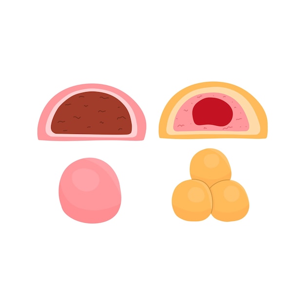 Conjunto de diferentes bolas de masa de arroz japonés mochi Ilustración vectorial en estilo de dibujos animados