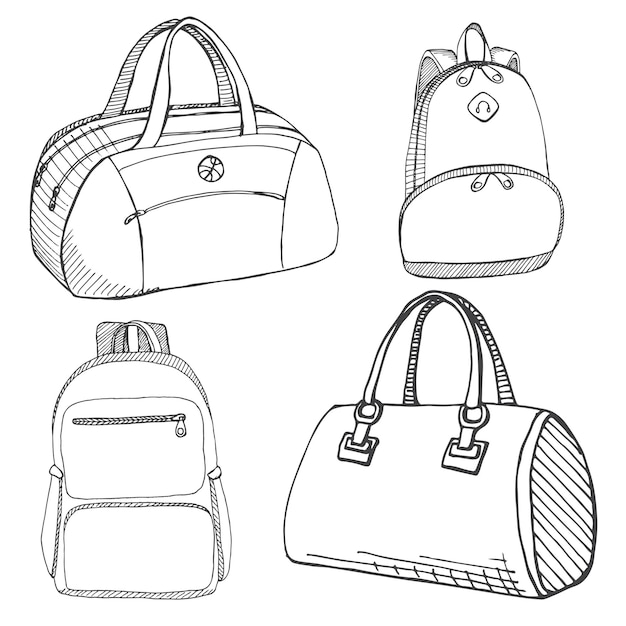 Vector conjunto de diferentes bolsos, hombre, mujer y unisex. bolsas aisladas en blanco.