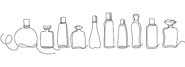 Conjunto de diferentes botellas de perfume dibujadas con iconos vectoriales de agua de inodoro de una línea