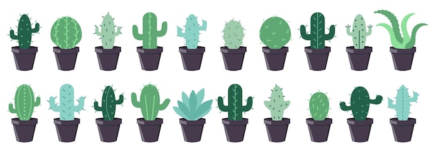 Conjunto de diferentes cactus en una olla de flores en un diseño plano