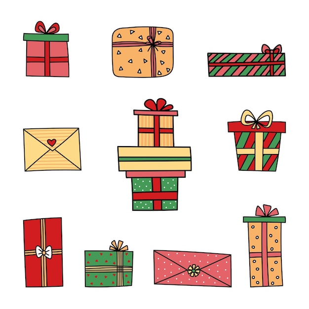 Vector conjunto de diferentes cajas de regalo cajas y sobres de regalo de año nuevo y navidad