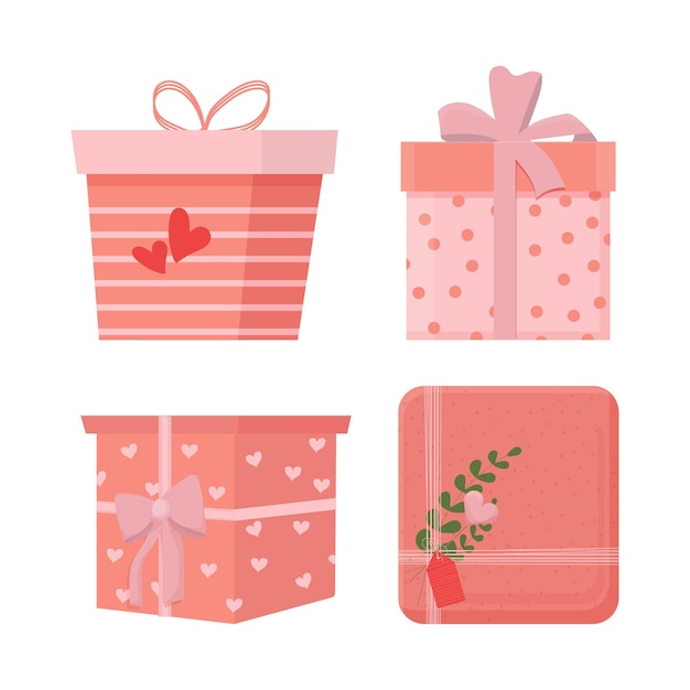 Vector conjunto de diferentes cajas de regalos románticos con regalos con decoración de lazo y adorno aislado