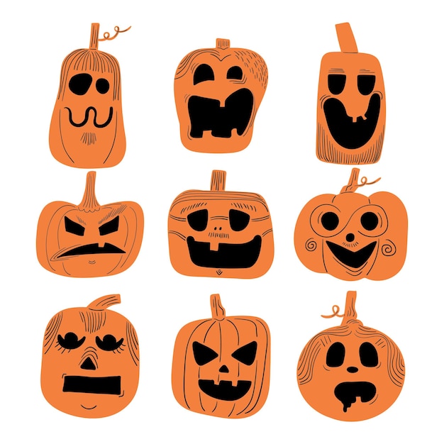 Conjunto de diferentes caras de calabazas de Halloween.