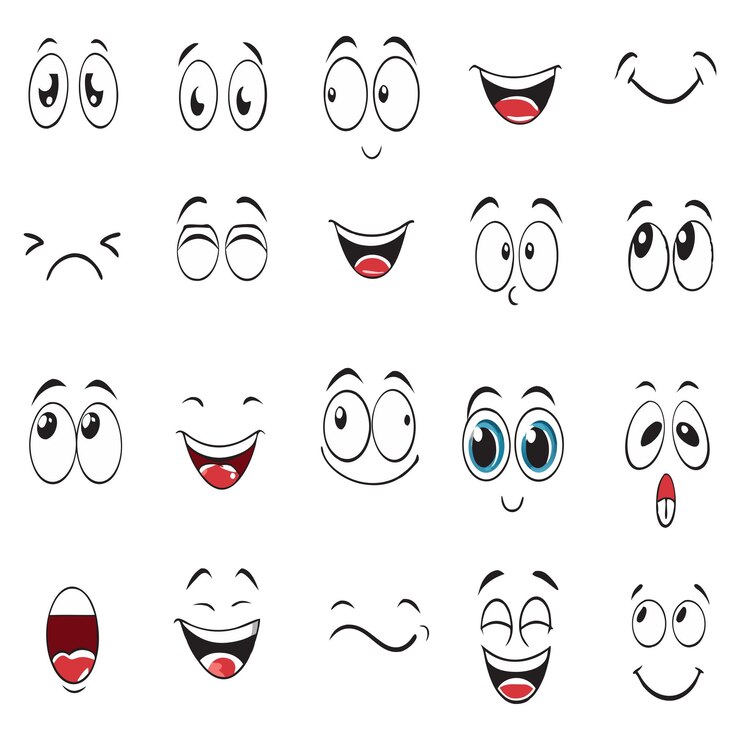 Vector conjunto de diferentes caricaturas de caras expresiones vectorial en un fondo aislado