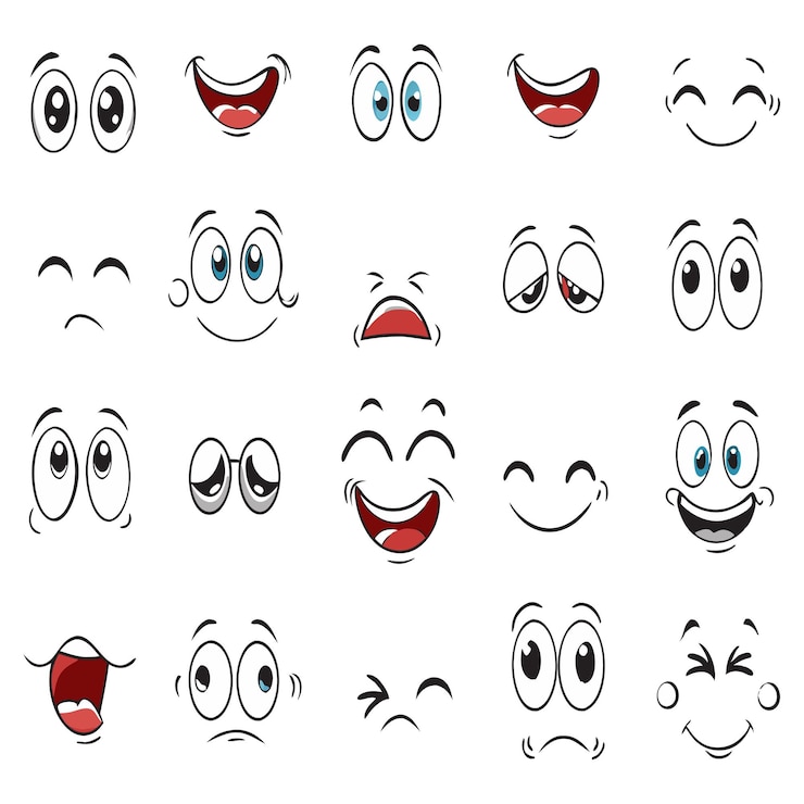 Vector conjunto de diferentes caricaturas de caras expresiones vectorial en un fondo aislado
