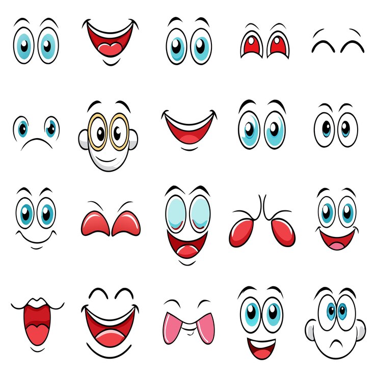 Vector conjunto de diferentes caricaturas de caras expresiones vectorial en un fondo aislado