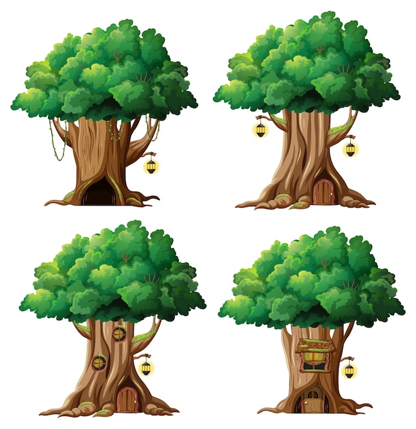 Conjunto de diferentes casas en los árboles de fantasía dentro del tronco de un árbol