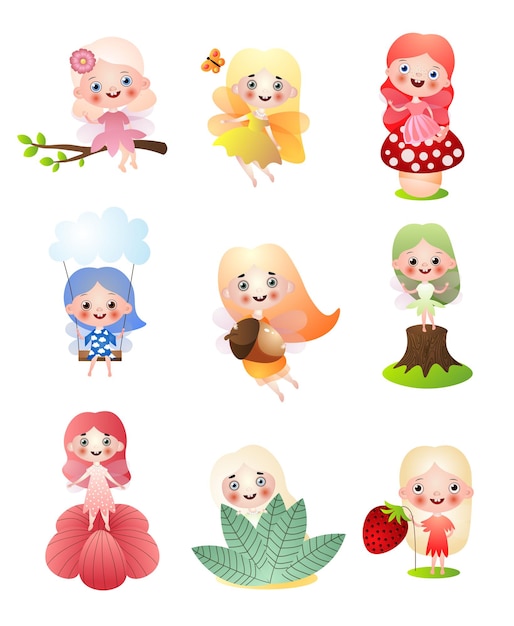 Vector conjunto de diferentes chicas de hadas del bosque con ropas coloridas y objetos salvajes