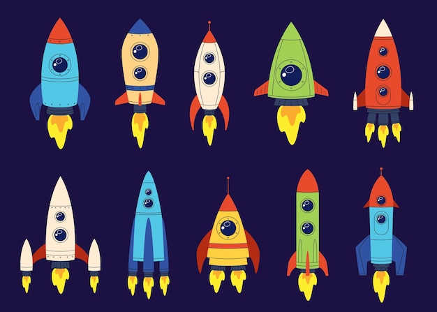Conjunto de diferentes cohetes Naves espaciales en estilo plano infantil Ilustración vectorial